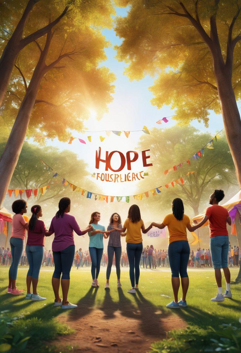 A diverse group of individuals sharing their survivor stories in an uplifting community gathering. The setting features a vibrant outdoor park with trees and a banner that reads 'Hope and Resilience'. Include symbols of support like ribbons and hands holding each other. Capture expressions of joy and unity, showcasing both emotional and physical strength. bright colors. super-realistic.
