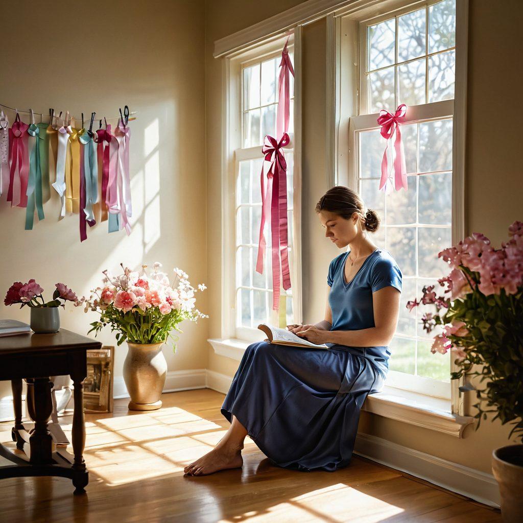 A serene scene depicting a person sitting in a sunlit room, surrounded by supportive family and friends. Soft light filtering through the window creates a warm atmosphere, with cancer awareness ribbons gently hanging on the wall. The individual is reflecting thoughtfully while holding a journal, symbolizing the journey from diagnosis to recovery. Include elements of hope like blooming flowers and a healing atmosphere. super-realistic. vibrant colors. soft lighting.